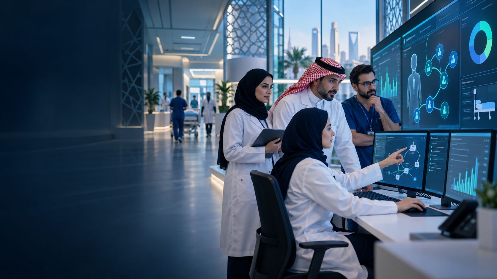 Saudi healthcare professionals collaborating in a digitally connected hospital